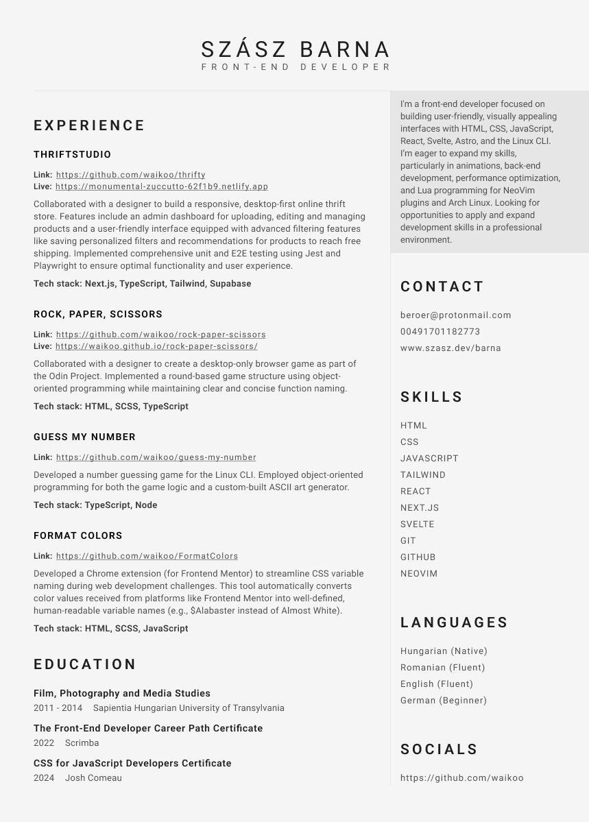 Szász Barna's CV